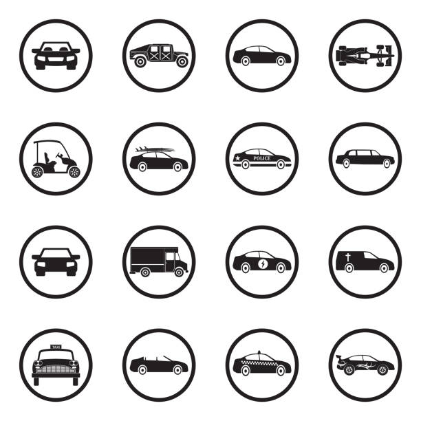 Car Icons. Black Flat Design In Circle. Vector Illustration. Car, Auto, Automobile, Drive military funeral stock illustrations