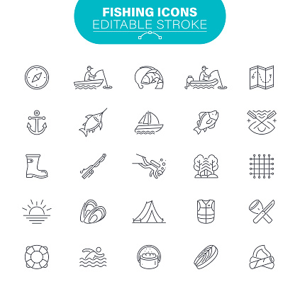 Canoe, Biting, USA, Icon, Fisherman, River, Editable Icon Set