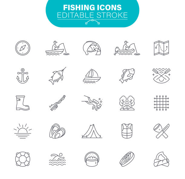 Fishing Icons Canoe, Biting, USA, Icon, Fisherman, River, Editable Icon Set fishing stock illustrations