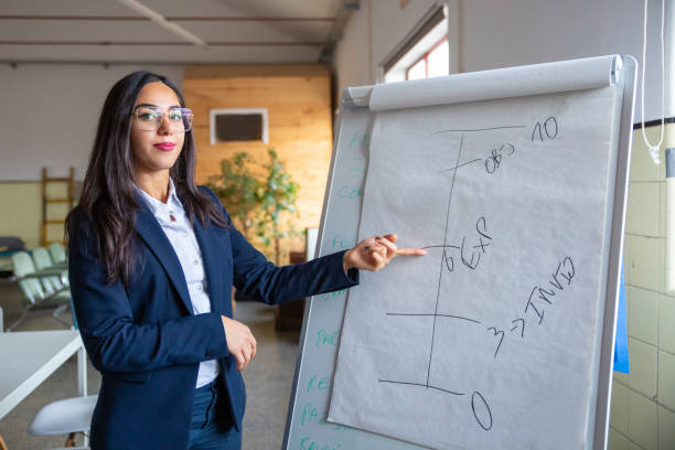 istock Confident Asian speaker standing near whiteboard 1199035731