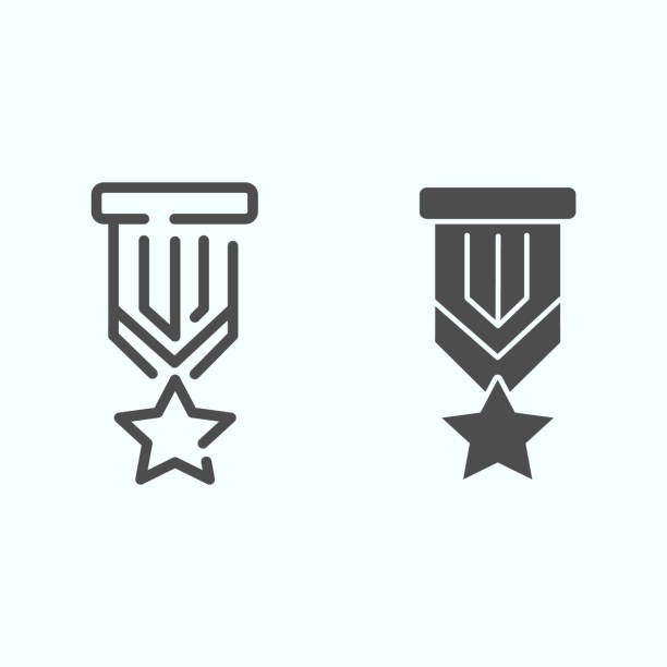 ilustraciones, imágenes clip art, dibujos animados e iconos de stock de línea de medalla de estrella e icono de glifo. ilustración vectorial de insignia de premio aislada en blanco. recompensa con diseño de estilo de contorno de cinta, diseñado para web y aplicación. - valiente