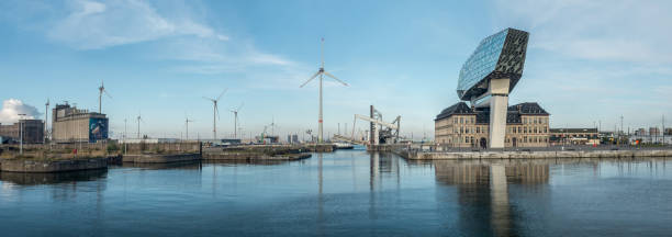 Port of Antwerp panorama with view on the modern Port House by Zaha Hadid stock photo