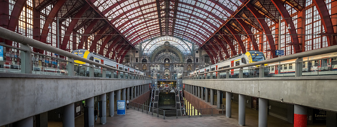Antwerp, Belgium - 3 August 2018: View on the majestic arrival hall of the central train station of Antwerp .