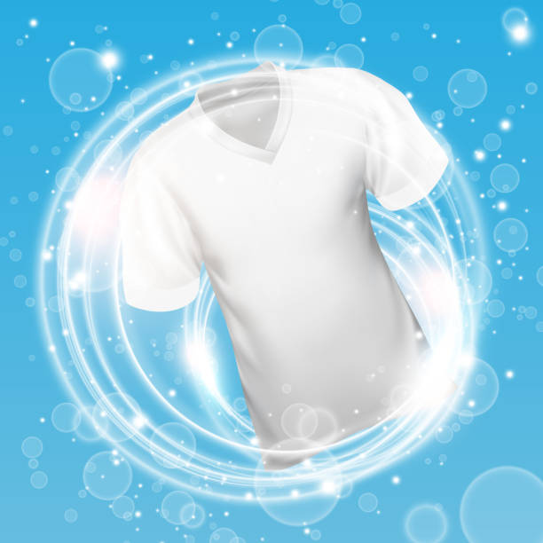 ilustraciones, imágenes clip art, dibujos animados e iconos de stock de camisa blanca lavando en agua con burbuja de jabón y proporcionando blancura y limpieza profunda. - white clothing illustrations