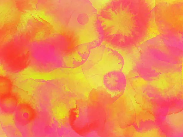 Vector illustration of Border of hues of yellow and orange paint splashing droplets. Watercolor strokes design element. Yellow and orange colored hand painted abstract texture.