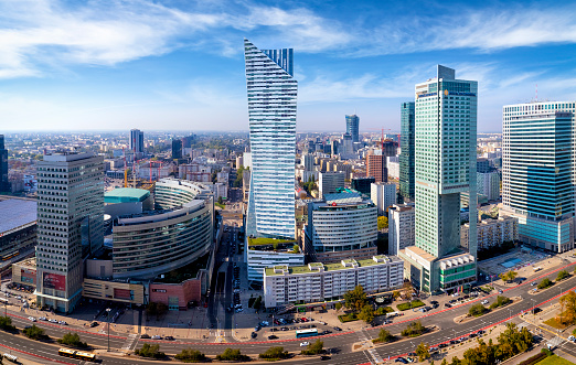 Aerial view of center of Warsaw, Poland