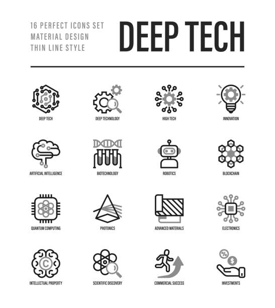 Deep tech thin line icons set. Symbols of ai, innovation, intellectual property, scientific discovery, investment,  quantum computing, photonics, blockchain, robotics. Vector illustration. vector art illustration