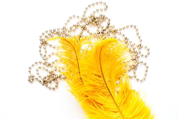 Photo of Yellow ostrich feathers on white background with silver beads. Mardi Gras concept. Festive background for projects. Close-up