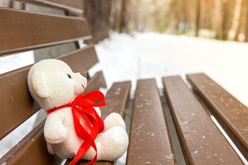 Sad Teddy bear in winter, lost and forgotten. Teddy bear alone on a bench in the winter. The concept of waiting for love
