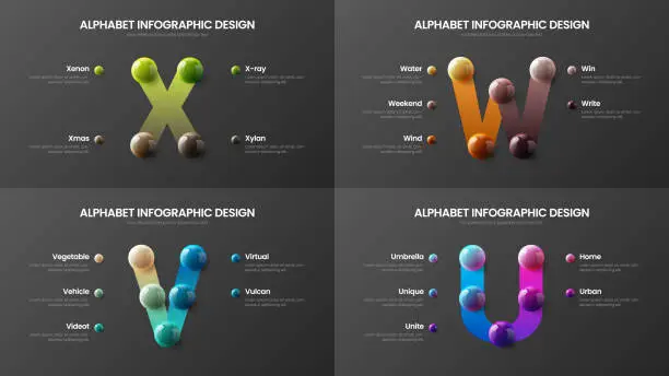 Vector illustration of Vector alphabet infographic 3D realistic colorful balls presentation bundle.  Creative bright multicolor character design illustration layout. Modern art U, V, W, X symbols visualization template set.