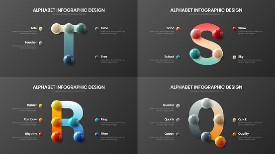Vector alphabet infographic 3D realistic colorful balls presentation bundle. 
Creative bright multicolor character design illustration layout. Modern art Q, R, S, T symbols visualization template set.