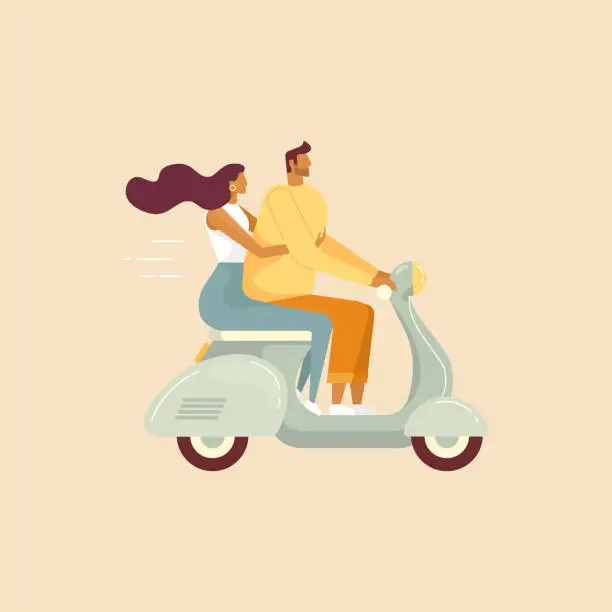 Vector illustration of Loving couple ride on motorbike.