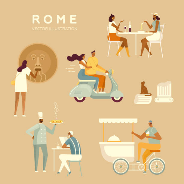 ilustraciones, imágenes clip art, dibujos animados e iconos de stock de colleción de caracteres vectoriales. turistas y lugareños en roma. - italian culture rome europe cartoon