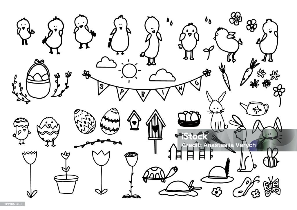 Spring Easter Shapes Big Spring Set Happy Easter Vector Hand Drawn Illustrations Outline ...