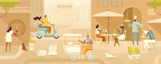 ilustraciones, imágenes clip art, dibujos animados e iconos de stock de ilustración de viaje. turistas y lugareños en roma. - italian culture rome europe cartoon