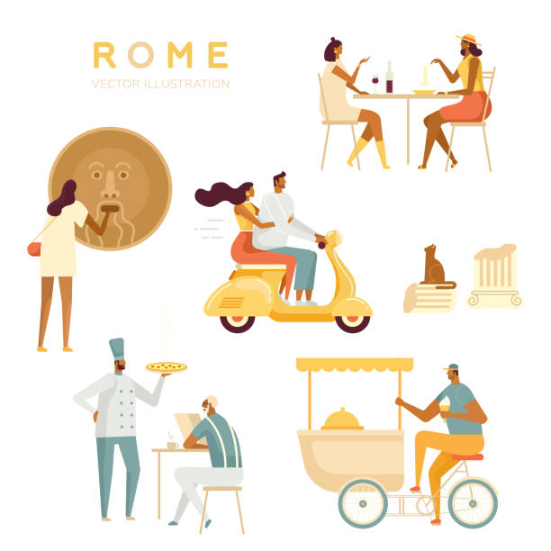 ilustraciones, imágenes clip art, dibujos animados e iconos de stock de colección de turistas y lugareños en roma. - italian culture rome europe cartoon