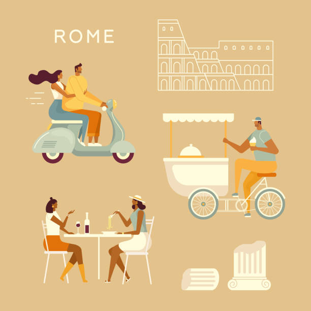 ilustraciones, imágenes clip art, dibujos animados e iconos de stock de conjunto de caracteres italianos. - italian culture rome europe cartoon