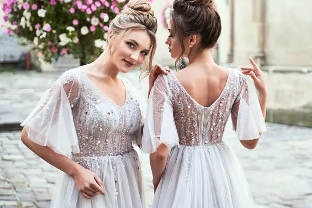 Beautiful bridesmaids in gorgeous light silver dresses in old beautiful European city on a wedding day in summer. Dresses are floor length or full-lenghth long tulle with half sheer sleeves and side slit.