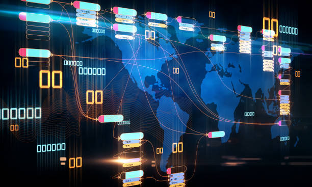 istock Big data concept with abstract futuistic infographic at digital world map background. 1199054411