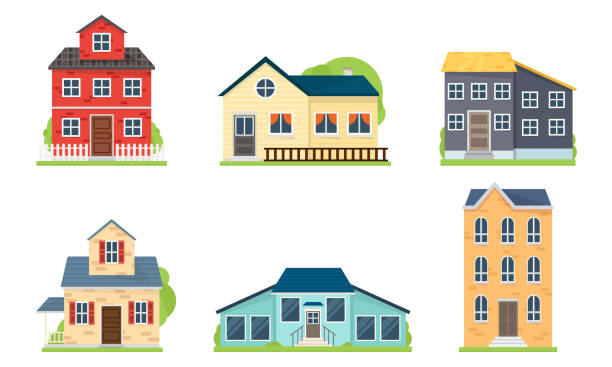 ilustrações de stock, clip art, desenhos animados e ícones de set of houses and buildings facades vector illustration - house