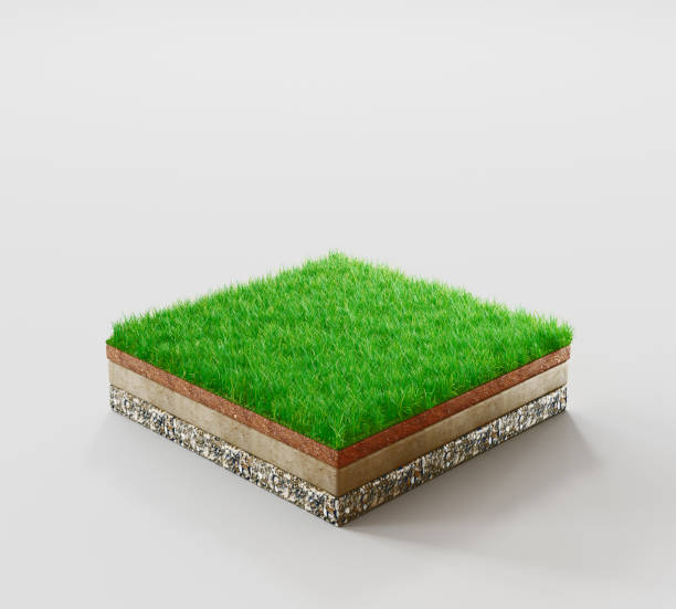 istock Ground or soil layers. Perspective empty space of green grass square isolated on white background. 3d rendering 1199058397