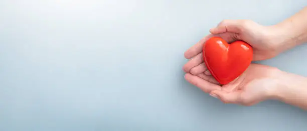The woman is holding a red heart. Concept for charity, health insurance, love, international cardiology day.