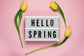 Hello Spring - text on a display lightbox with yellow  tulips on pink background.