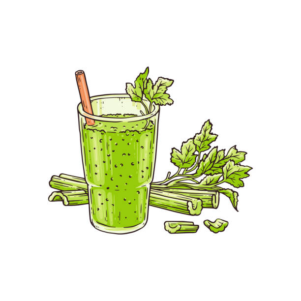 셀러리 스무디 인 유리 - 건강한 녹색 혼합 야채 음료 - green smoothie single object cold drink isolated on green stock illustrations