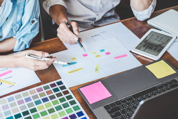 istock Team of Creative Web/Graphic Designer planning, drawing website ux app for mobile phone application and development template layout, process to developing prototype wireframe, User experience concept 1199062663