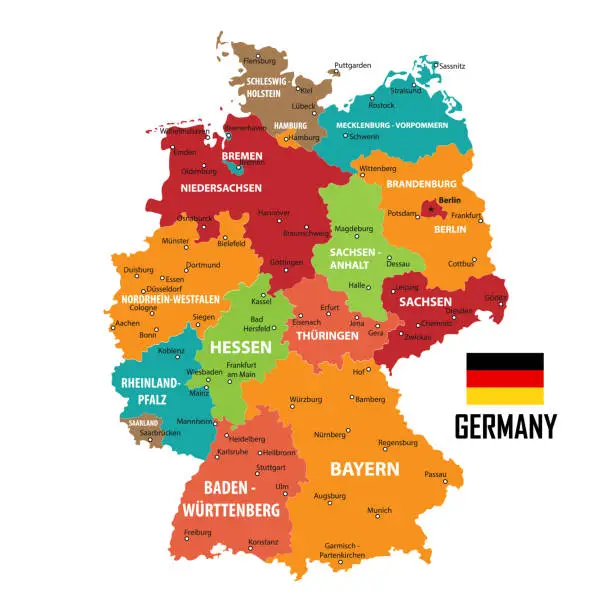 Vector illustration of Germany map and flag of Germany. City names - land contours. Vector illustration.