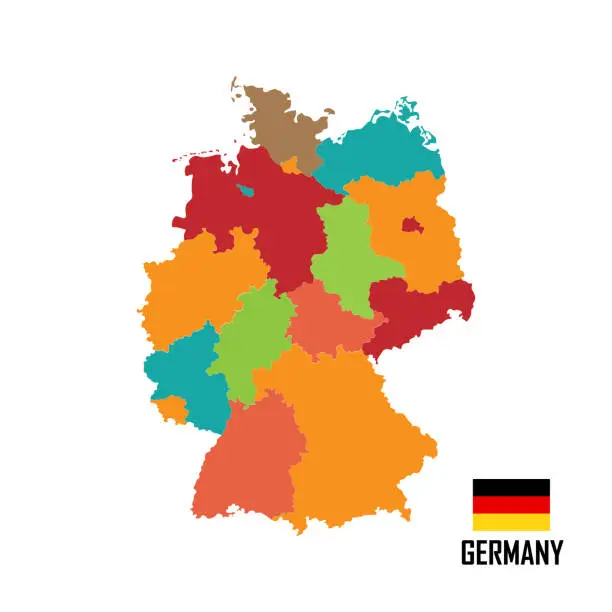 Vector illustration of Colorful Germany map with regions, cities. Vector illustration. German flag.