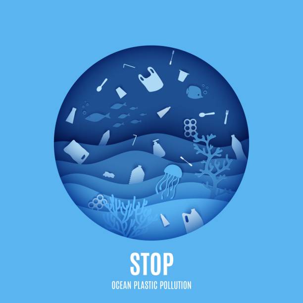 illustrazioni stock, clip art, cartoni animati e icone di tendenza di giornata mondiale dell'oceano, stop striscione sull'inquinamento da plastica oceanica. vista del mondo sottomarino attraverso l'oblò di un sottomarino in stile taglio carta. onda vettoriale di taglio della carta, vita marina tropicale in cornice rotonda - seaweed sea pattern green