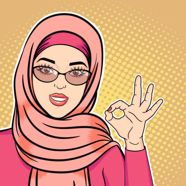 ilustrações, clipart, desenhos animados e ícones de pop art mulher árabe feliz em hijab sorrindo e mostrando ok sinal, ilustração vetorial de mulher muçulmana bem sucedida em estilo cômico retrô - tatar