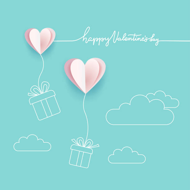 Symbol of love on turquoise blue background, greeting card, paper cut design with line art style with Happy Valentine's day lettering. Hearts with gift boxes. vector illustration with space for text Symbol of love on turquoise blue background, greeting card, paper cut design with line art style with Happy Valentine's day lettering. Hearts with gift boxes. vector illustration with space for text. happiness backgrounds stock illustrations