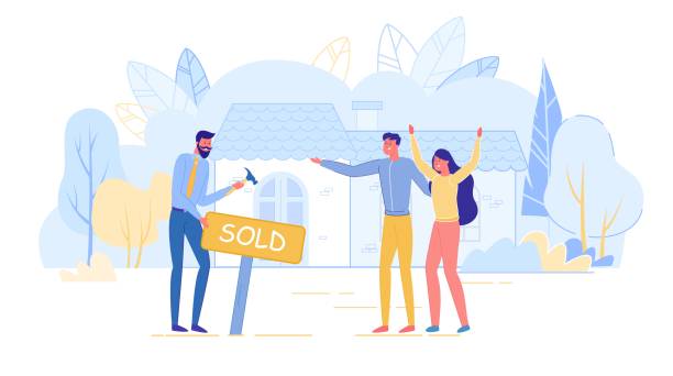Real Estate Agent with Couple Owner Hammer Plaque with Sold Responsive Real Estate Agent in Suit Standing with Happy Young Married Couple Owner Outdoors near Facade Holding Tool in Hand and Hammer Wooden Plaque with Sold Home. Modern Flat Vector Illustration selling stock illustrations