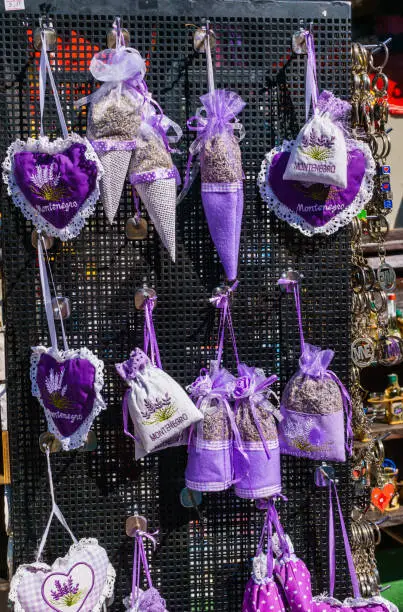 Photo of Souvenirs from lavender in Montenegro, gifts of lavender for sale. September 2018.