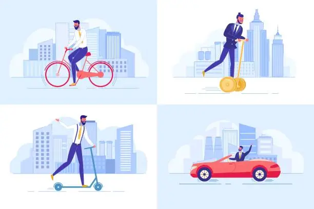 Vector illustration of Collection Joyful Male People Riding on Transport