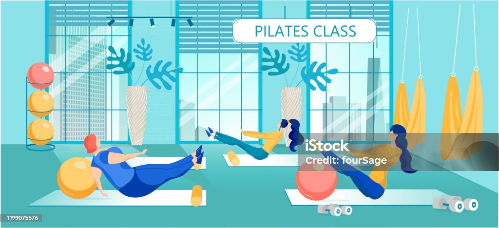 Pilates Class For Women Daily Training Cartoon Stock Illustration -  Download Image Now - Pilates, Vector, Gym - iStock
