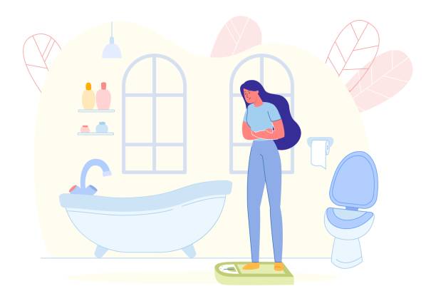 Bright Flyer, Young Woman Controls her Weight. Bright Flyer, Young Woman Controls her Weight. Young Woman Stands in Bathroom on Scales and Weighs Herself. Beautiful Modern Interior Bathroom with Windows Flat. Vector Illustration. positive negative slide stock illustrations