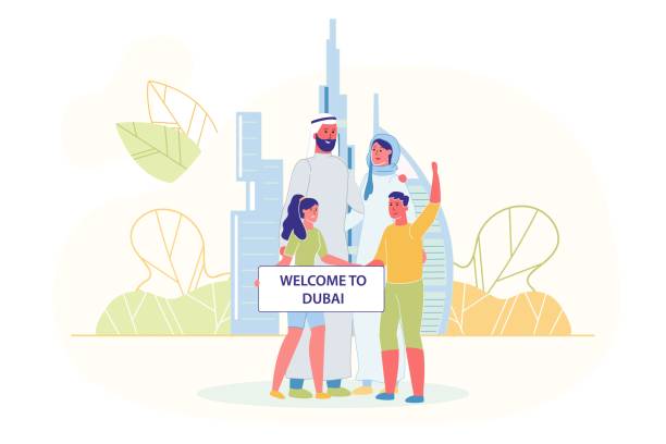 family holding broadsheet z witamy w dubaju. - zjednoczone emiraty arabskie obrazy stock illustrations