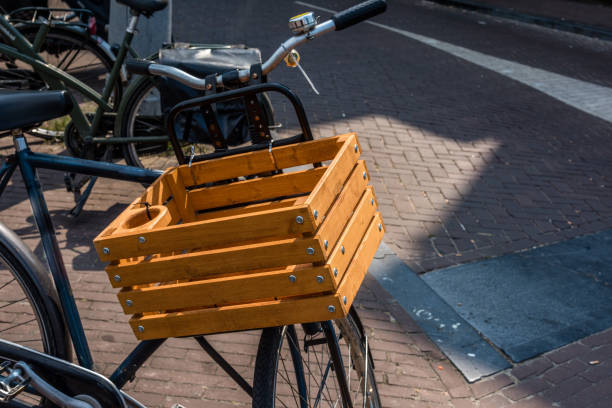 Vintage black bicycle with wooden crate for transportation