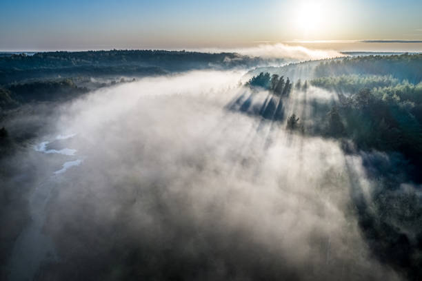 Mist over river with rays in autumn, aerial view