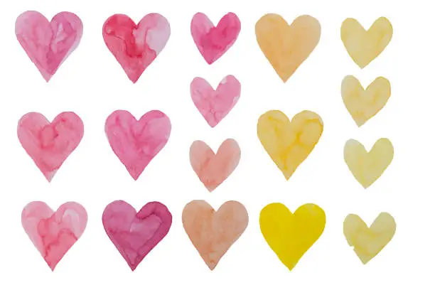 Photo of Valentine's Day watercolor hand painting pink and yellow set hearts.