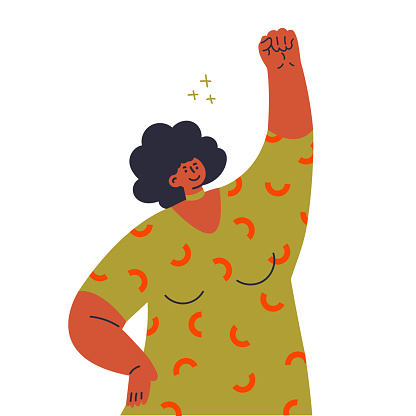 African american woman raises her hand in a fist.Fight like a girl,hand sign.Feminism concept.Woman empowerment.Gesture language.Flat vector illustration.Template design.Colorful cartoon characters.