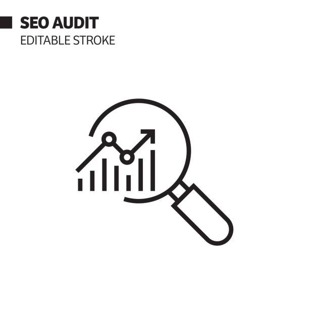 ilustraciones, imágenes clip art, dibujos animados e iconos de stock de icono de línea de auditoría seo, ilustración de símbolo vectorial de esquema. píxel perfecto, trazo editable. - scrutiny analyzing finance data