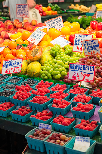 Seattle, United States - May 3rd, 2017: Its fresh fruits at the old farmer’s market, Pike Place in Downtown Seattle, Washington.