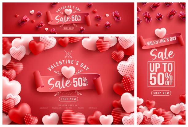 Valentine's Day Sale 50% off Poster or banner with many sweet hearts and sweet gifts on red background.Promotion and shopping template or background for Love and Valentine's day concept Valentine's Day Sale 50% off Poster or banner with many sweet hearts and sweet gifts on red background.Promotion and shopping template or background for Love and Valentine's day concept valentine card stock illustrations