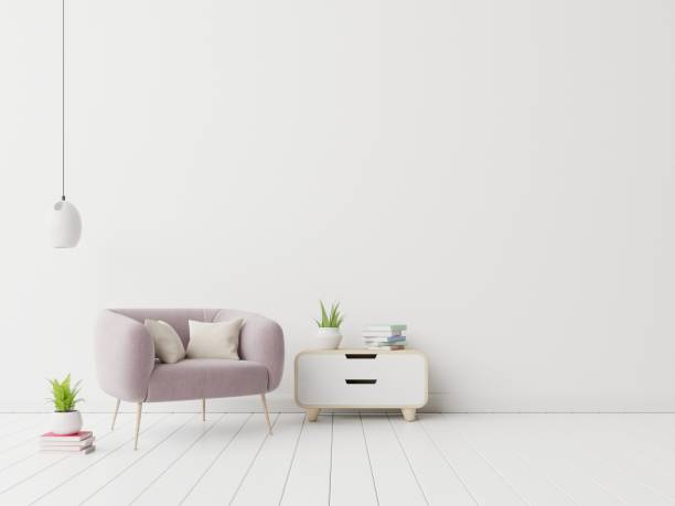 istock Interior with velvet armchair on empty white wall background. 1199108206
