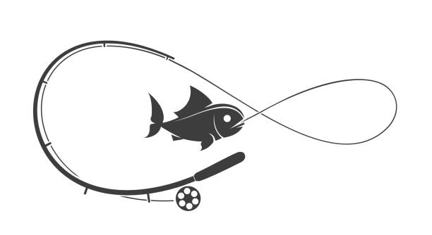 illustrazioni stock, clip art, cartoni animati e icone di tendenza di emblema canna da pesca - fish catch of fish catching dead animal