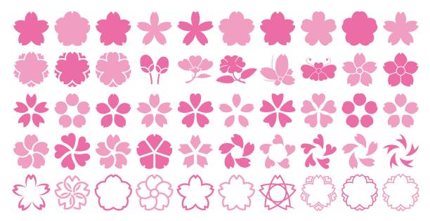 illustrazioni stock, clip art, cartoni animati e icone di tendenza di set di materiali silhouette in fiore di ciliegio - fiore di ciliegio
